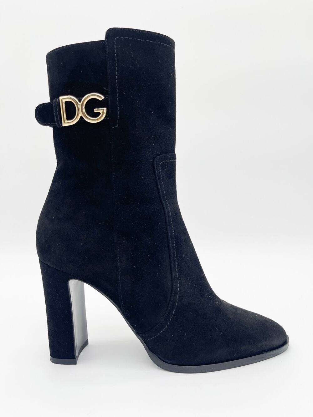 Dolce & Gabbana Black Suede DG Logo Block Heel Round Toe Ankle Boots IT 38